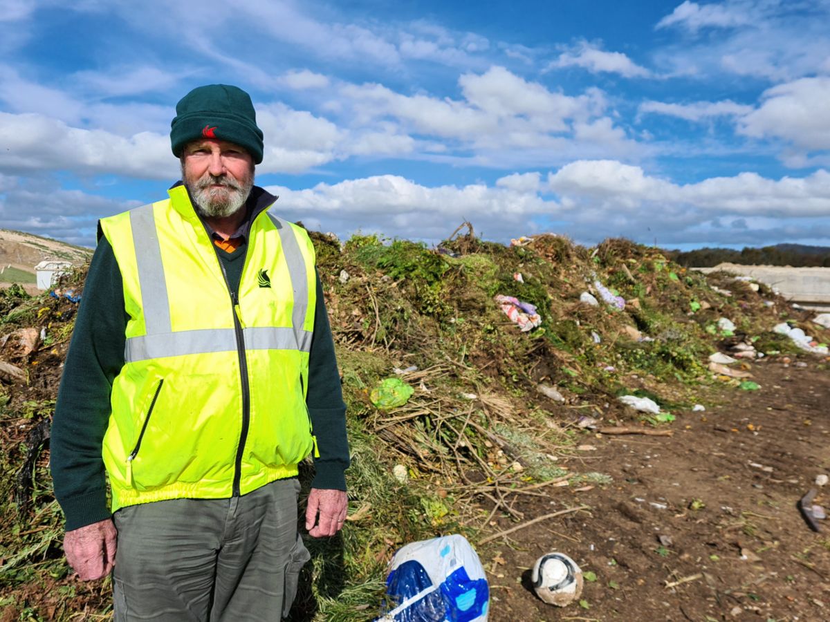 Gregadoo Waste Management Centre Manager Geoff Pym views pile of collected FOGO waste 