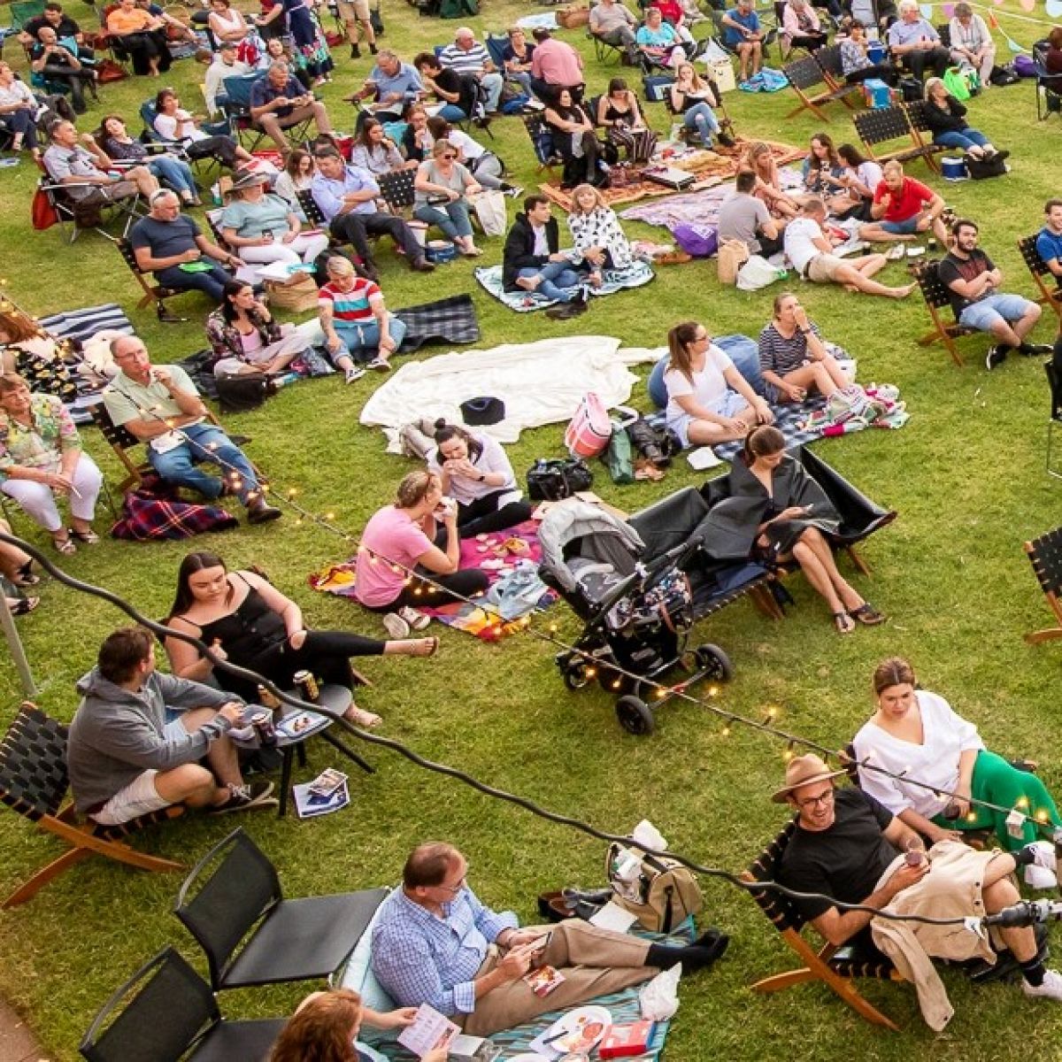 Crowd of people sitting on grass having picnics