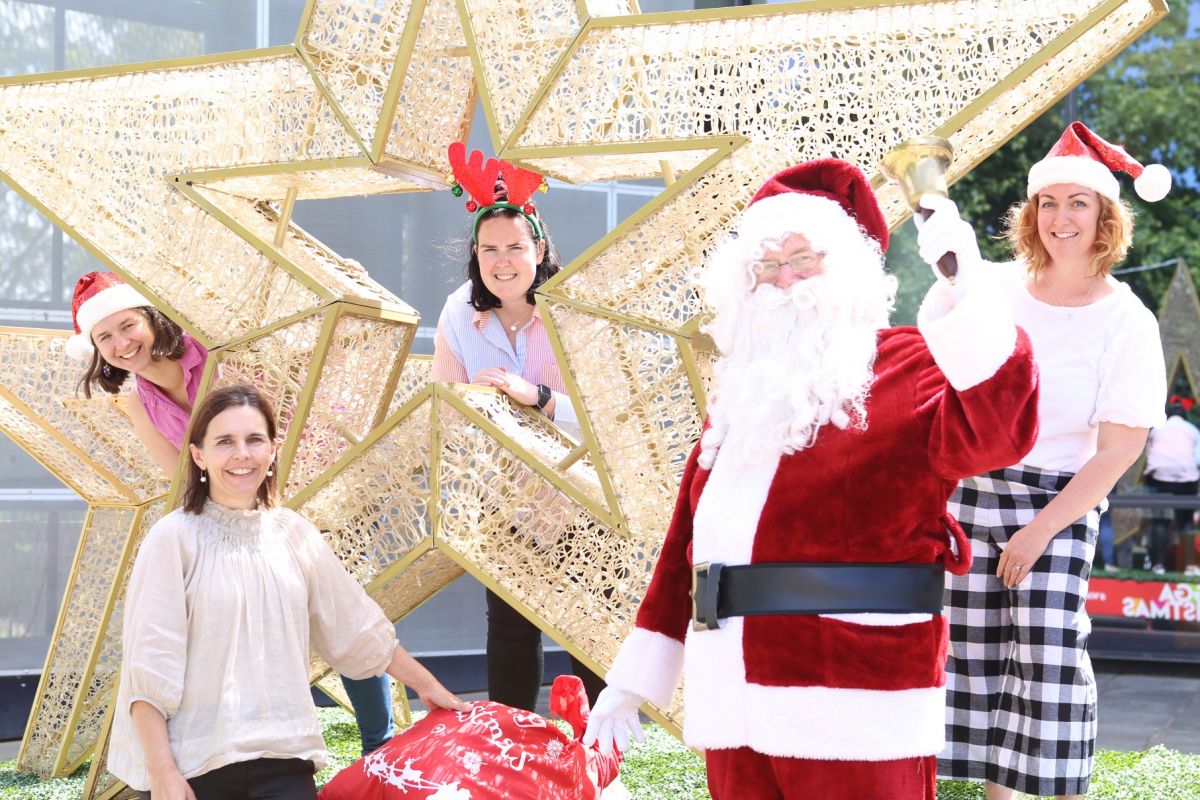 Four women - three wearing santa hats - and Santa at star installation