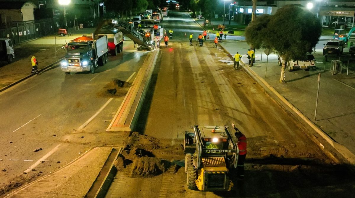 Aerial of Dobney Avenue upgrade nightworks