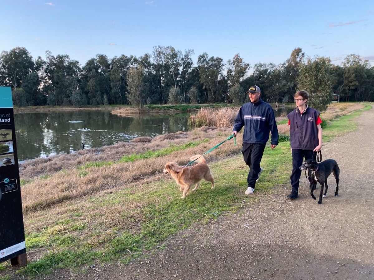 A man and a teenage boy walk two dogs beside a wetland