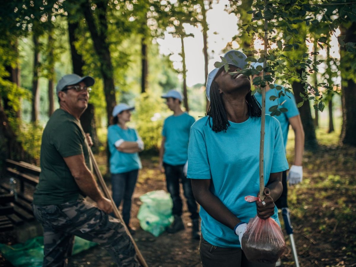 A group of people preparing to plant saplings in a forested area