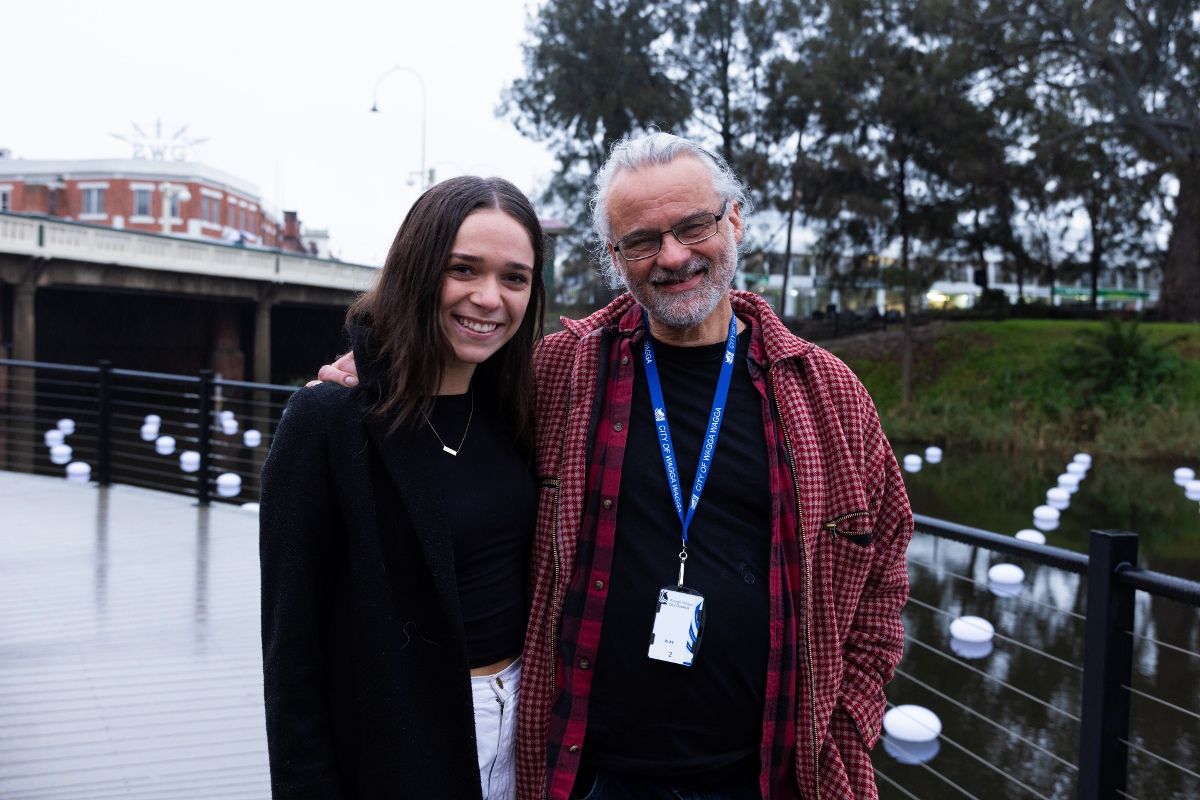 Local First Nations dancer Ivy Simpson with sound artist Peter Mcilwain on the Wollundry Lagoon boardwalk, where Many Dances is installed.