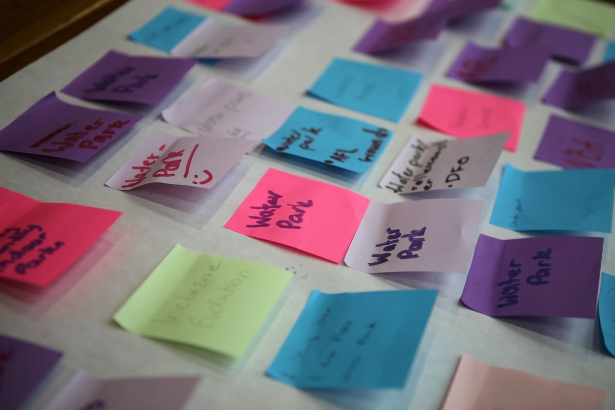 Several coloured post-it notes with writing are aligned on a large cardboard background.