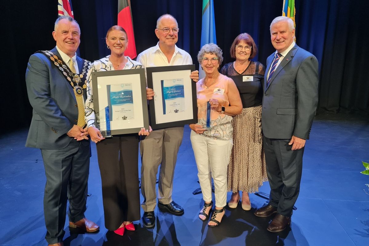 Citizen of the Year Greg ‘Johno’ Johnson (third from left) and Young Citizen of the Year Haylee Burkinshaw  (second from left) together with Mayor Dallas Tout (left) and the Hon Michael McCormack (right)