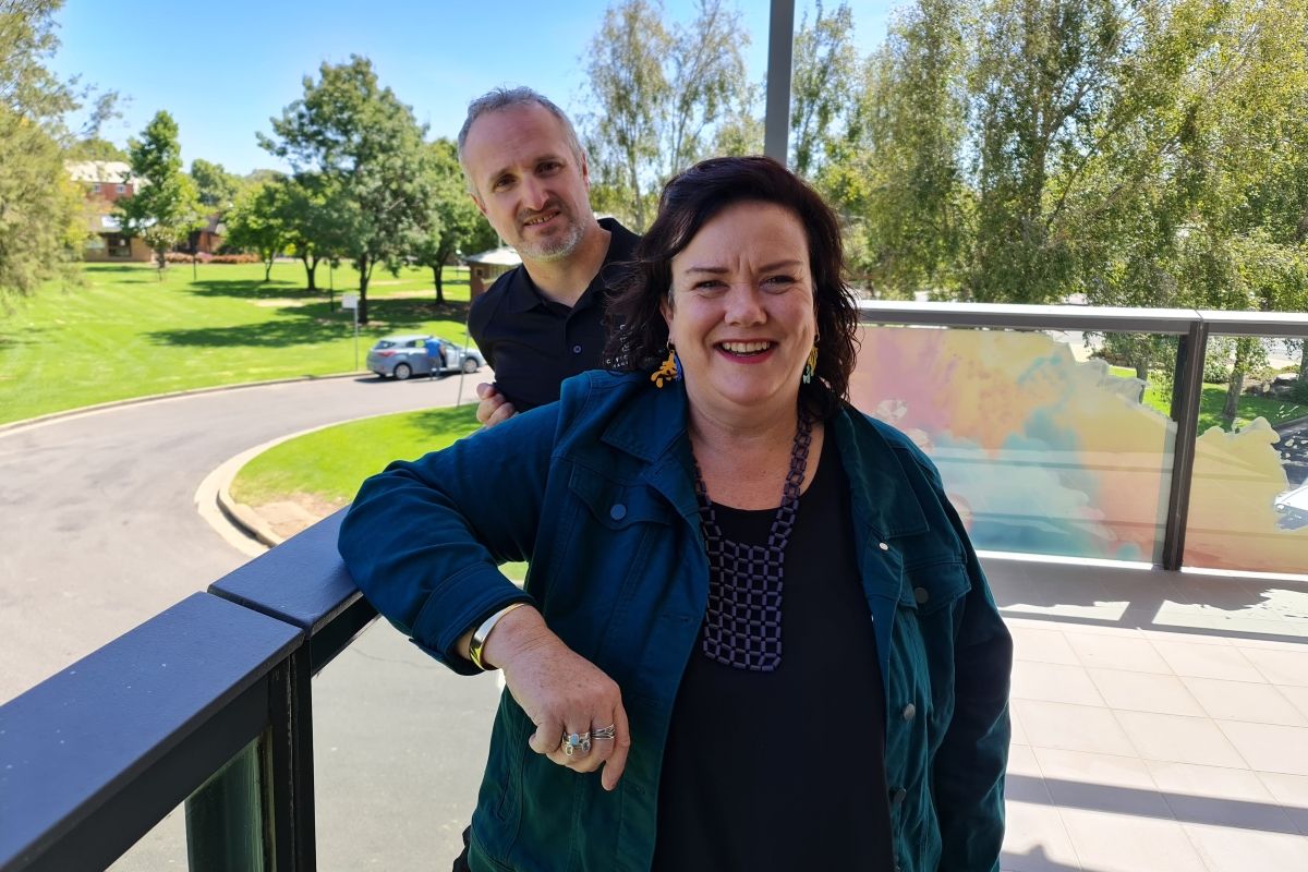 Box Office Coordinator Isobel MacCallum and Technical Coordinator Russell Stewart on Wagga Wagga Civic Theatre’s refurbished balcony.