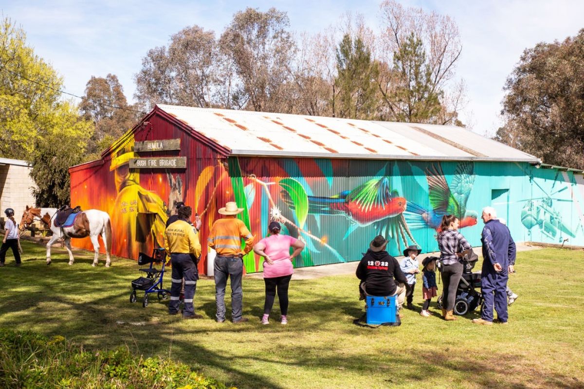 Community members of a mix of ages and genders standing on a grassed area near a community hall with a colourful mural on its walls.