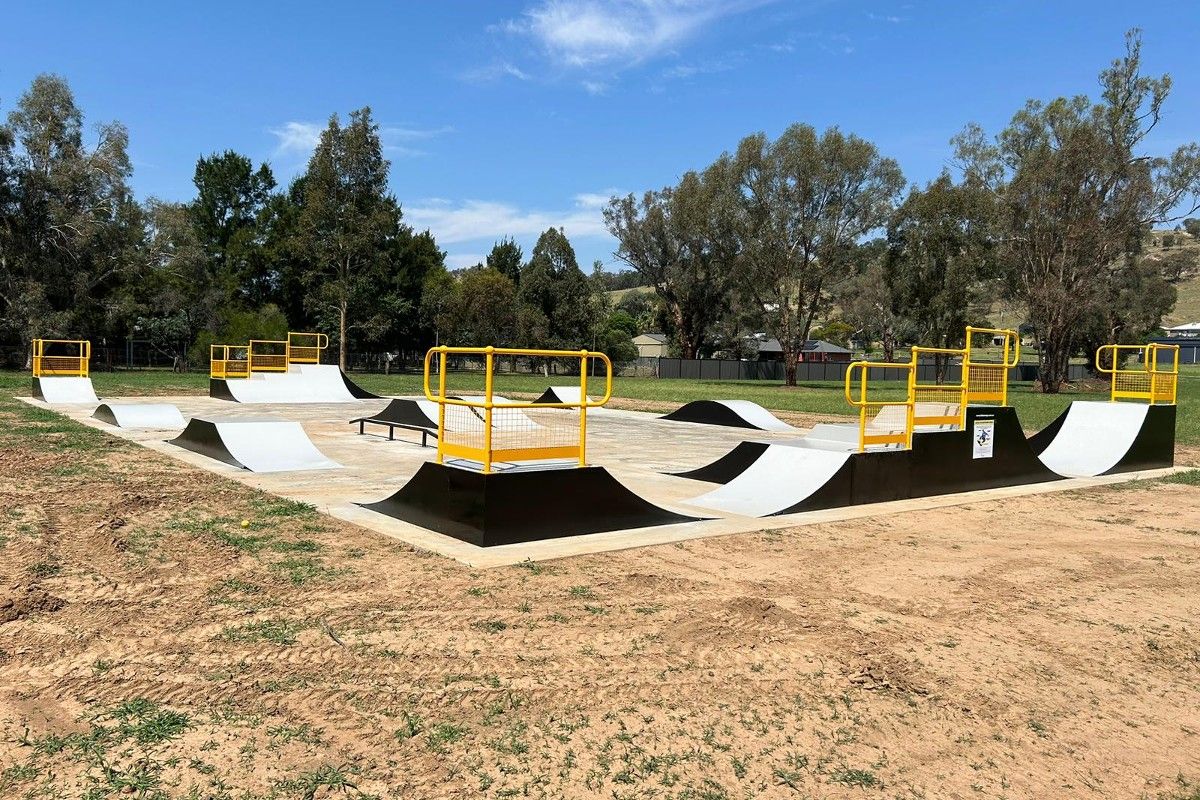 Concrete and steel skatepark in open area, surrounded by grass and trees.