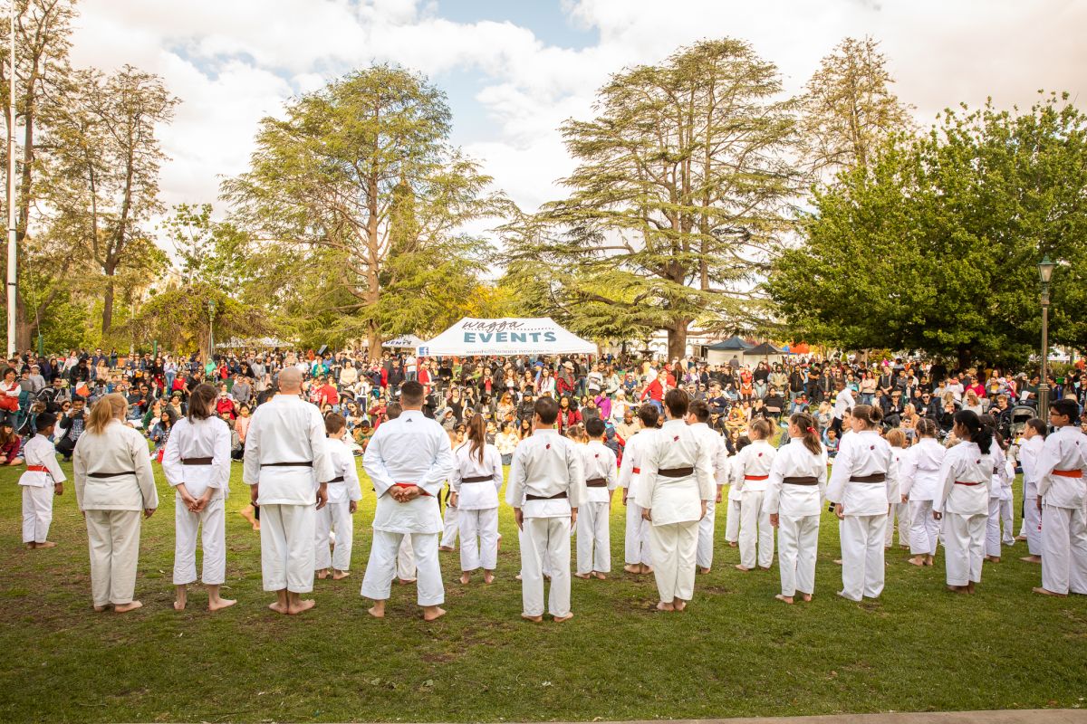 Group of karate students performing in park in front of crowd