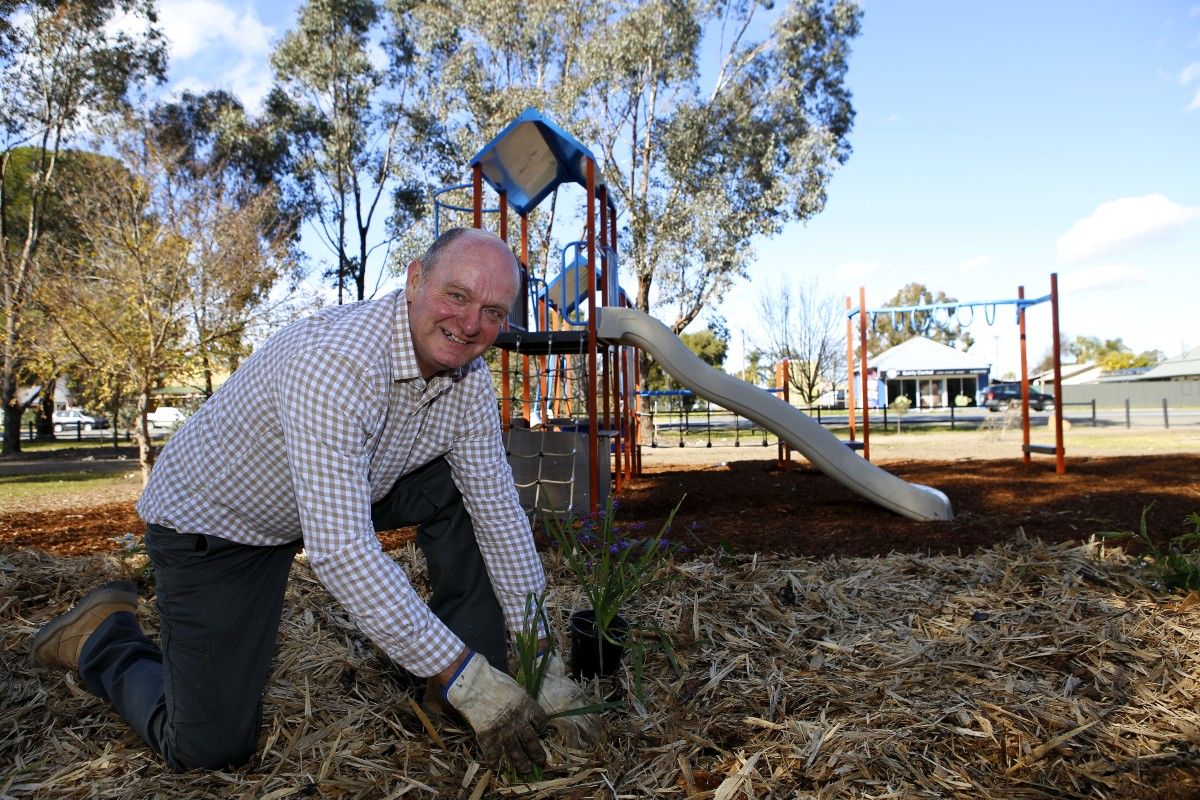 Man planting shrub with new playground in background