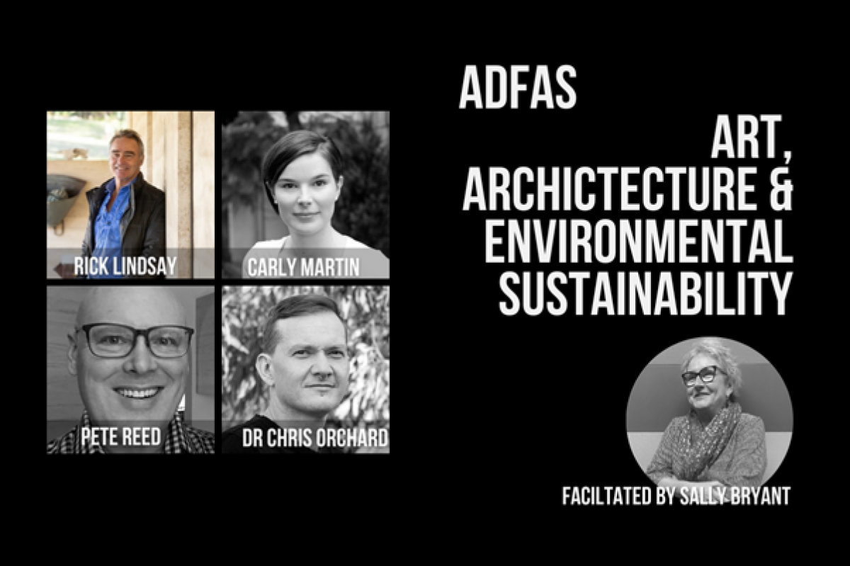 a graphic of 4 panelists and facilitator for a Art, Architecture and Environmental Sustainability discussion. 