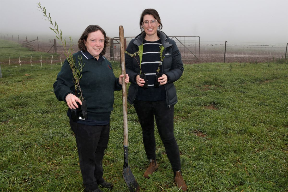 Environmental Officer Samantha Pascall (right) and Natural resource Management Officer Catherine Conroy (left) standing in paddock at the Charles Sturt University Farm. Ms Pascall holds a seedling plant in each hand and Ms Conroy holds a seedling in her right hand and a large shovel in her left hand.