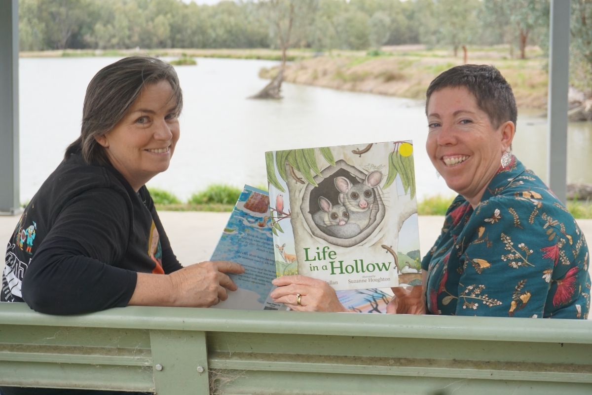 Wagga Wagga City Library’s Outreach Services Team Leader Wendy Harper and Council’s Environmental Education Officer Christina Read sitting under cover at the Marrambidya Wetland.