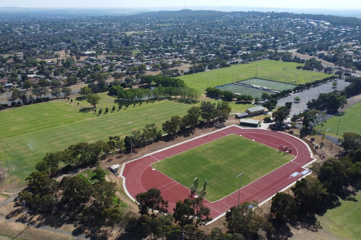 Drone shot of Jubilee Park, including playing fields and Bill Jacob Athletics Centre