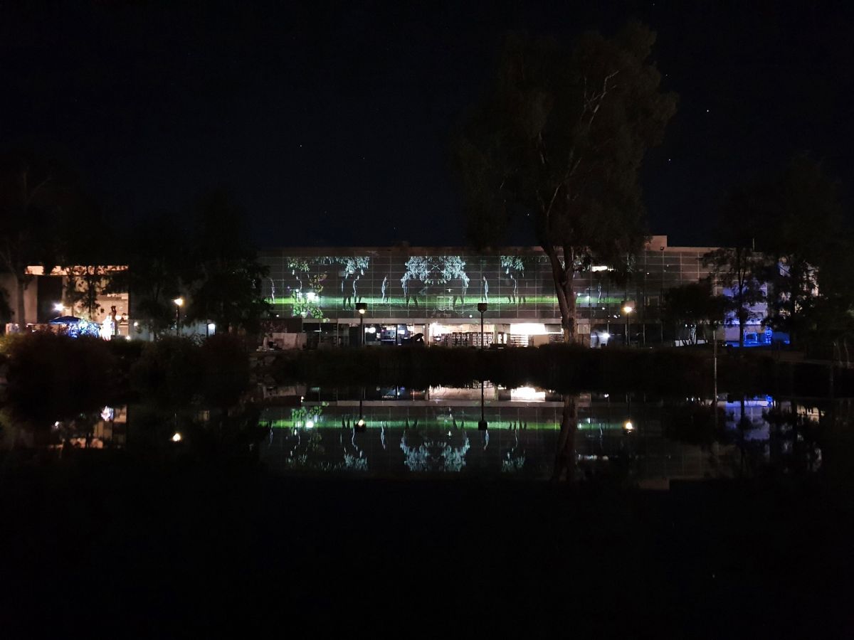 Projection on side of Civic Centre building at night