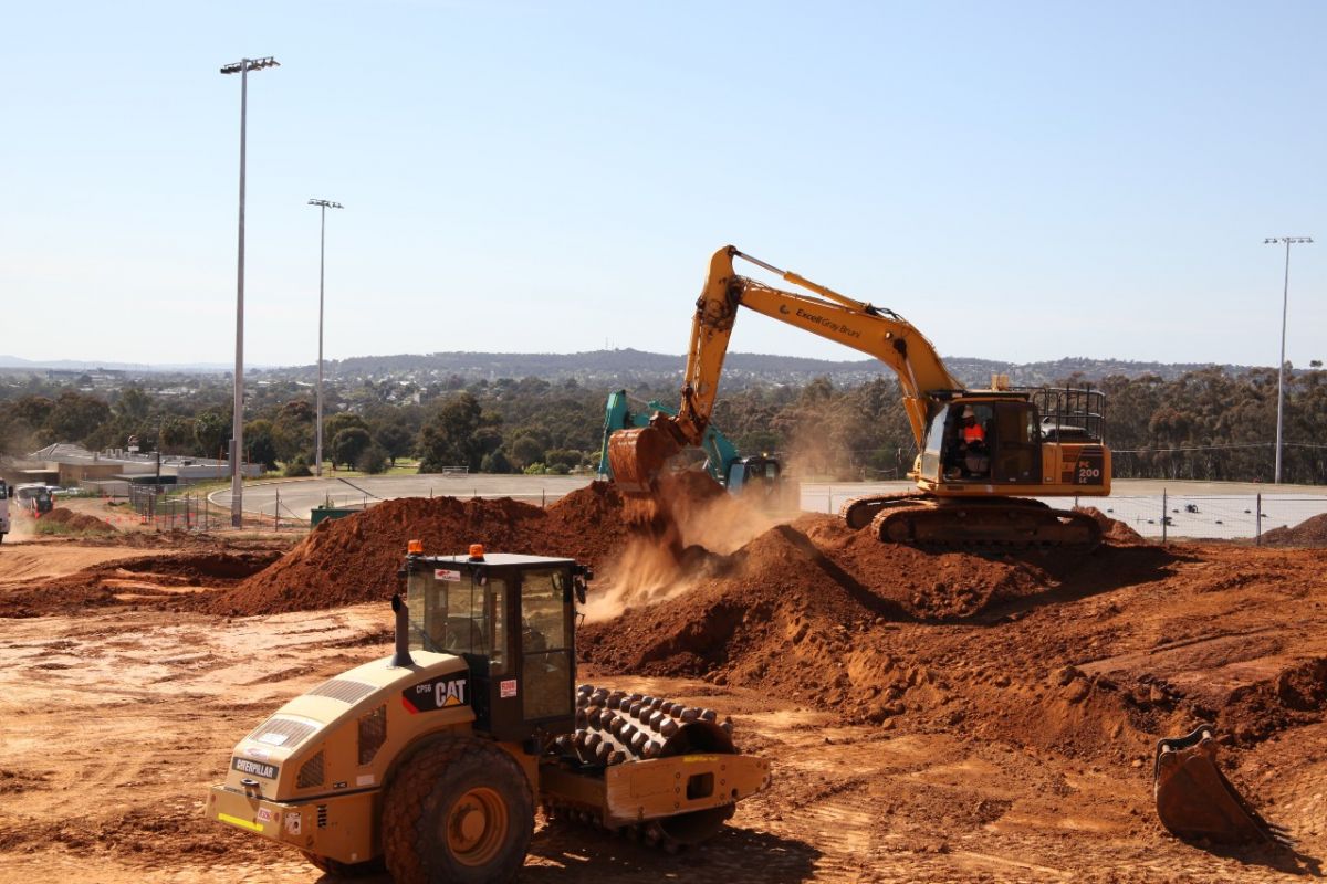 Contractors working on the BMX track  at the Multi Sport Cycling Complex at Pomingalarna Reserve  started on site this week and have made significant progress  on the bulk earthworks. Heavy machinery operators working  on the two start ramps and the berms have been assisted  by a week of good weather.