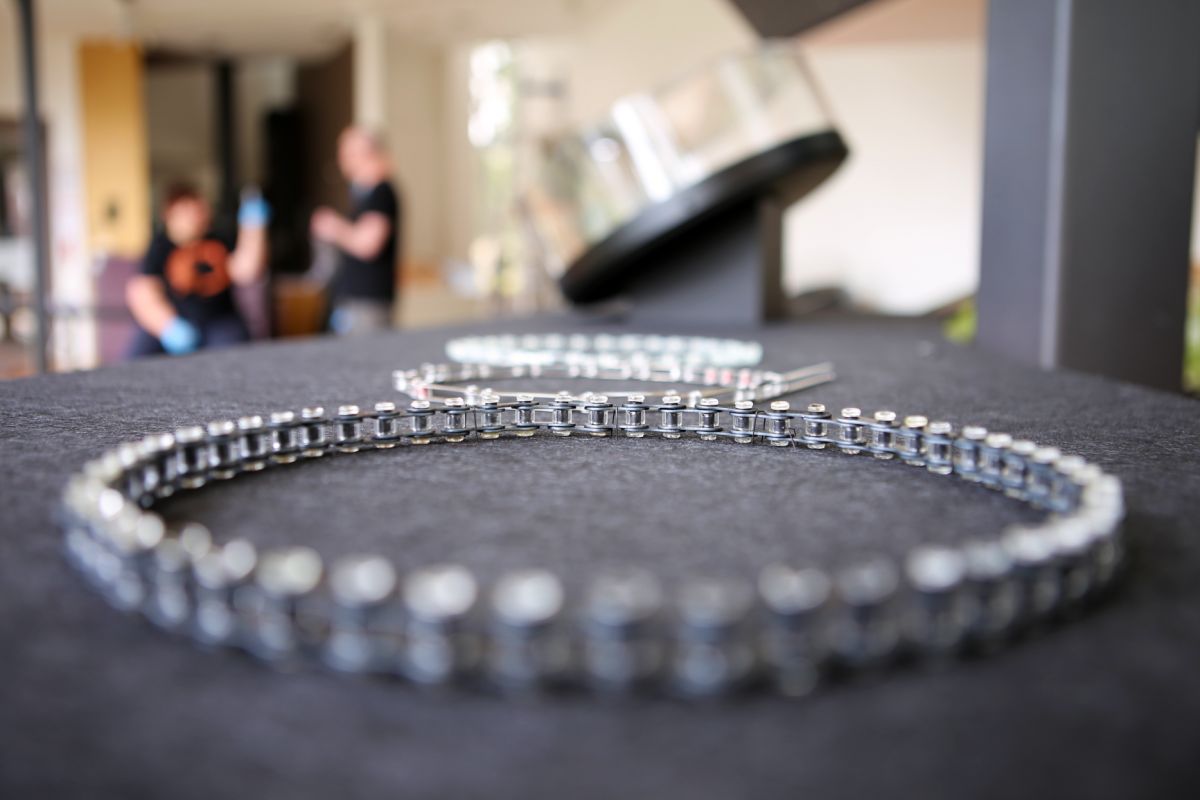 Necklace made from glass and bike chains