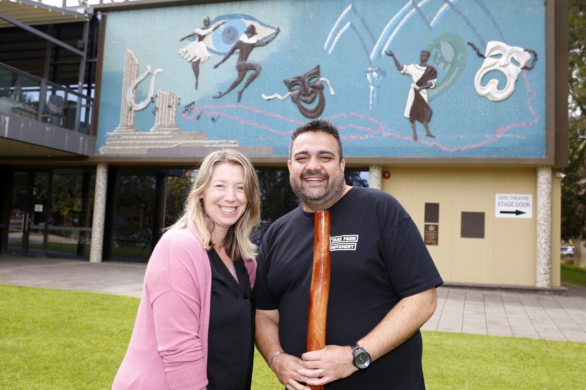 Civic Theatre manager Carissa Campbell standing next to First Nations man and comedian Dan Simpson