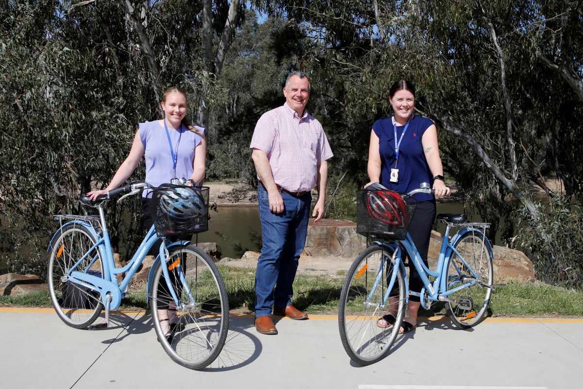 Wagga Wagga City Council Health and Wellbeing Officer Taylah Frazier, Wagga Wagga City Mayor Councillor Dallas Tout and Strategic Recreation Officer Kadison Hofert are encouraging everyone in the local government area to get involved in Biketober.