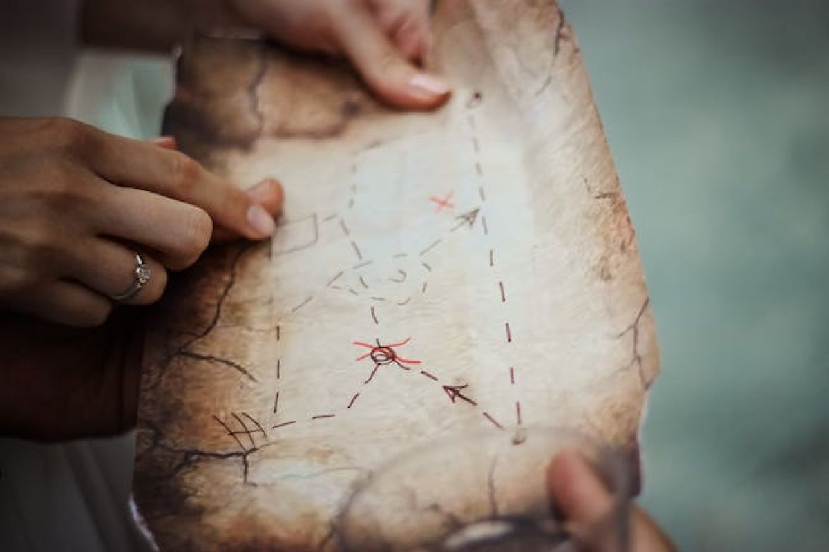 Children's hands holding a treasure hunt map. 