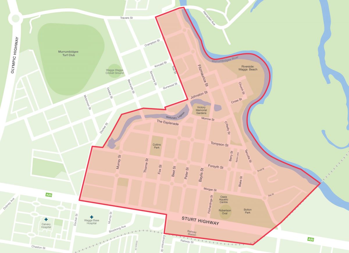 A map of the Wagga Wagga CBD with an area marked in orange indicating where the masterplan will focus on. 