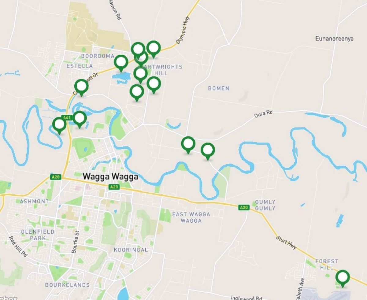 A map of Wagga Wagga with pin points indicating the locations of the land parcels. 