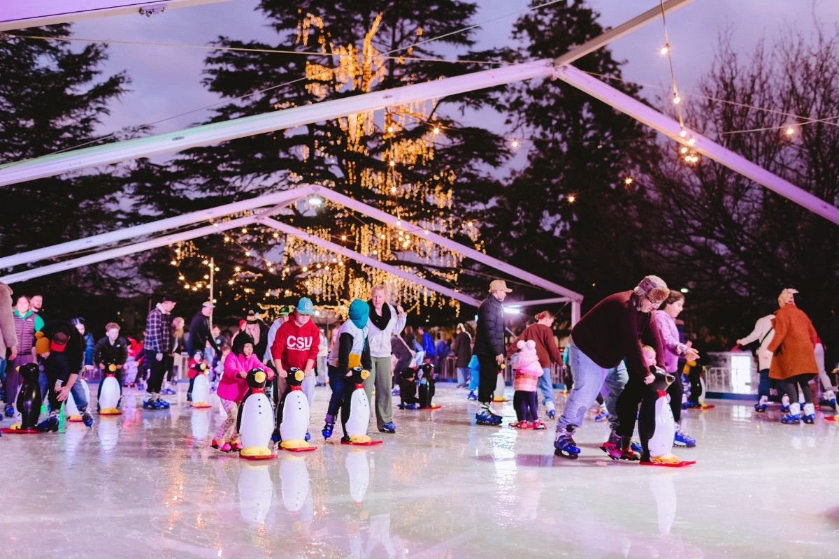 A large group of people gathered on an ice-skating rink.