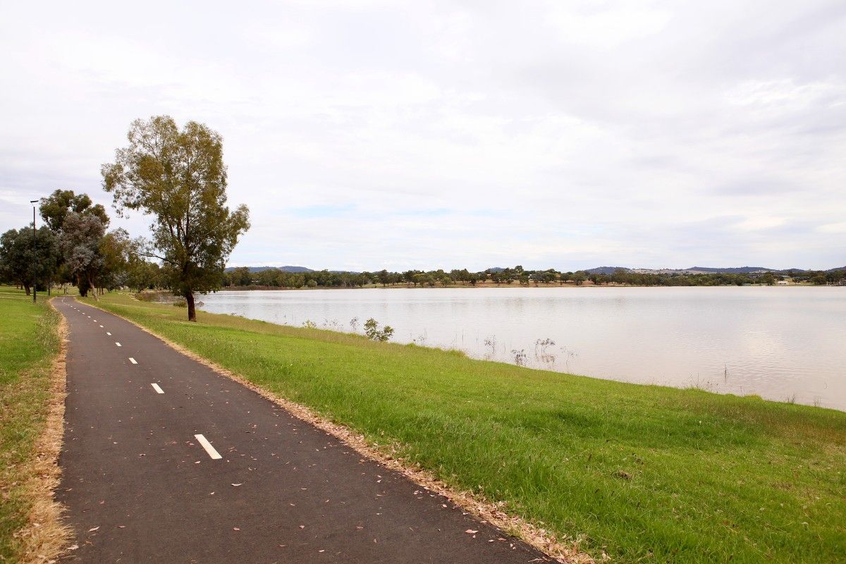 Bitumen shared pathway alongside the foreshores of a lake.