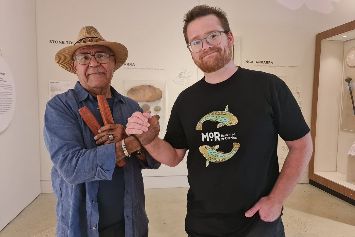 Uncle Hewitt Whyman with Museum Education and Public Programs Officer Angus Cawdell-Smith. 