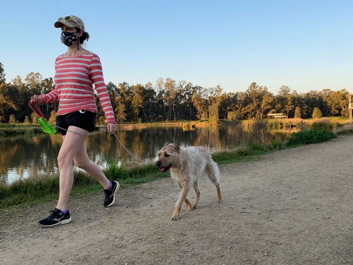 Woman wearing a mask walks with a dog on a lead beside a wetland