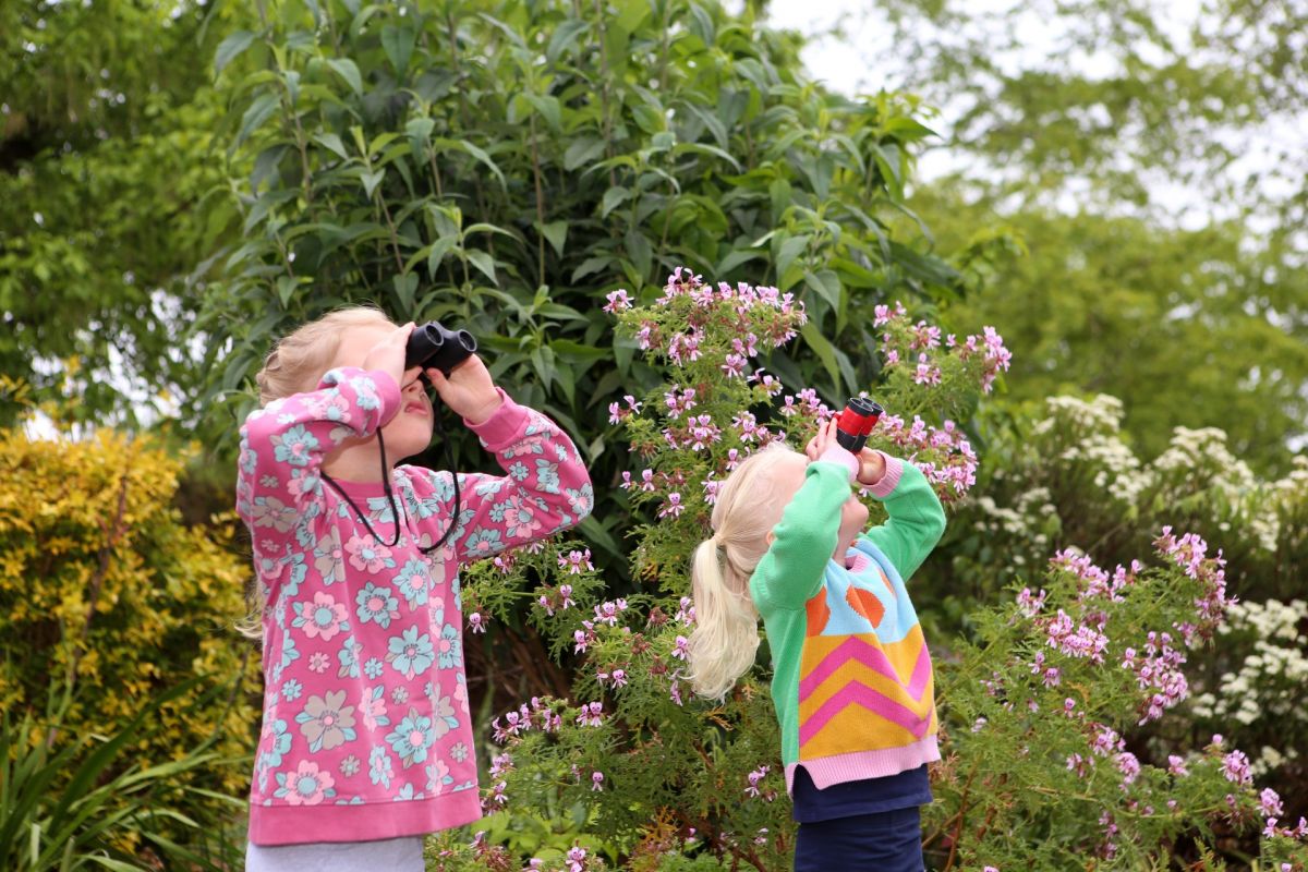 Two young girls looking skywards through binoculars, in garden