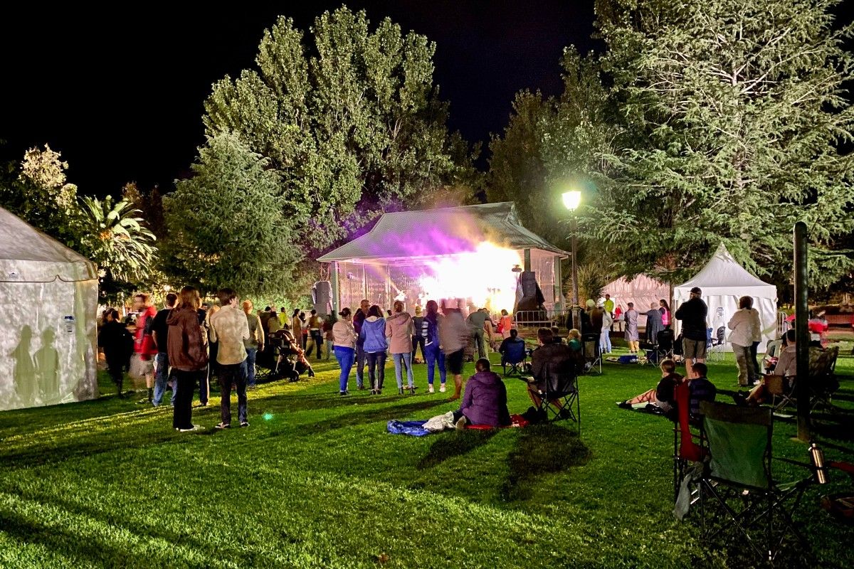 People in park at night time with lights and trees