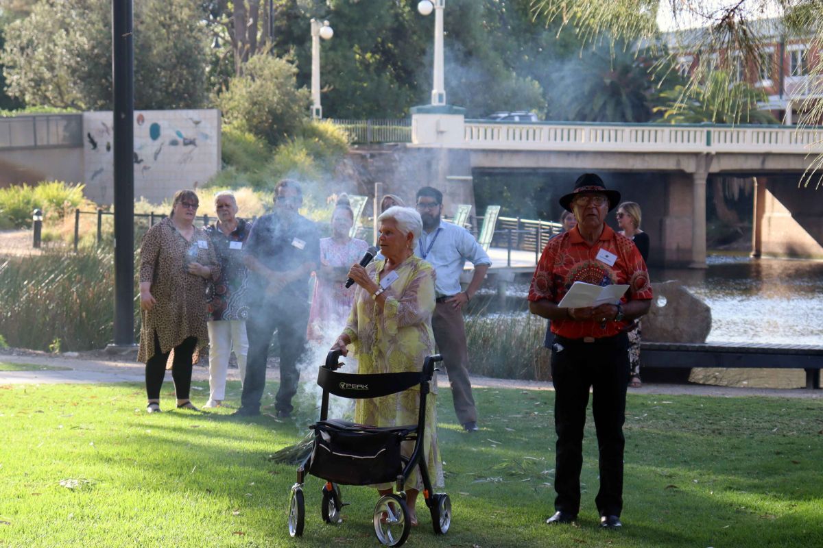 Smoking ceremony and welcome to country beside Wollundry Lagoon