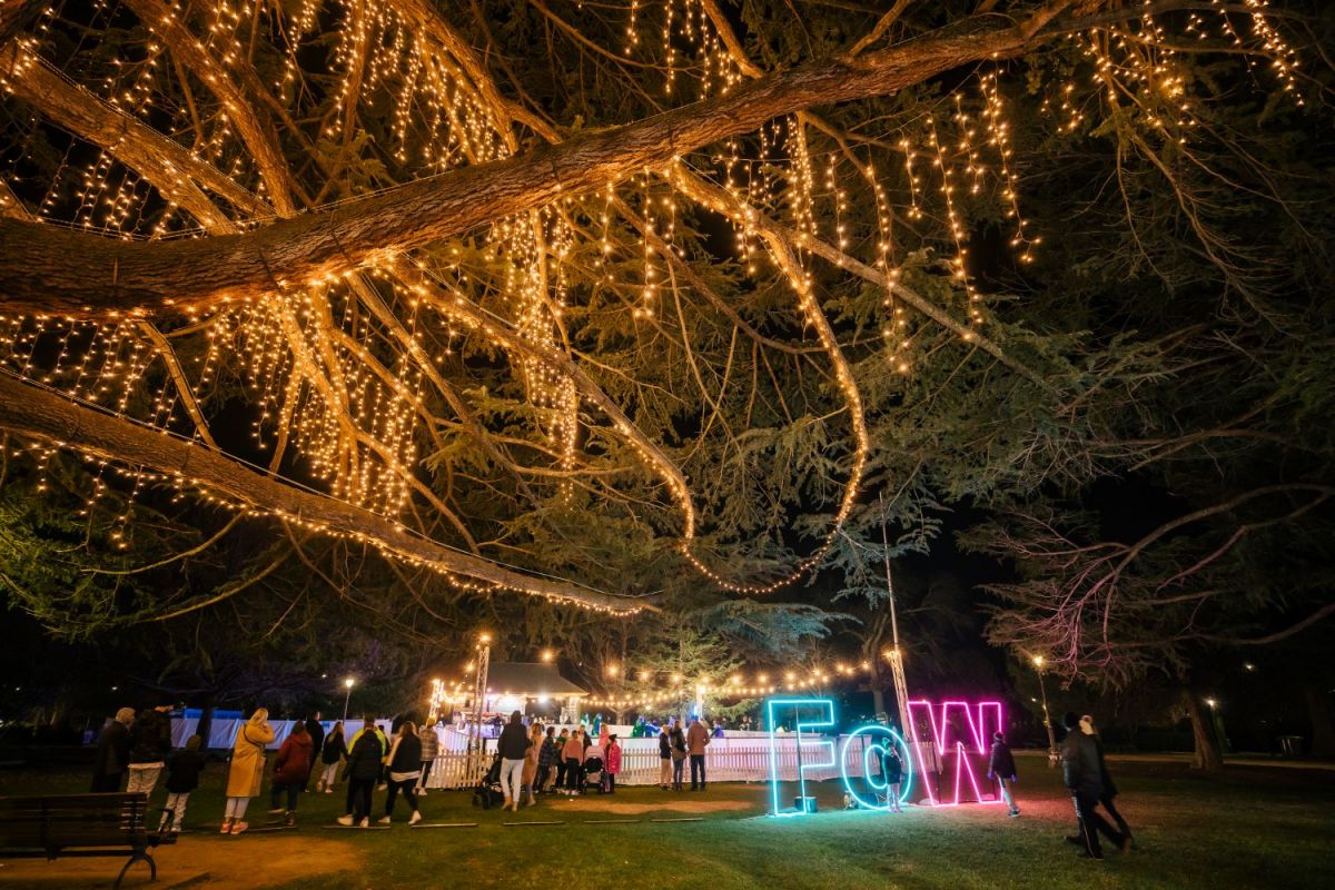 A tree in the foreground with fairy lights, a neon sign saying FoW in the middle-ground, and an ice skating rink with people in the background.