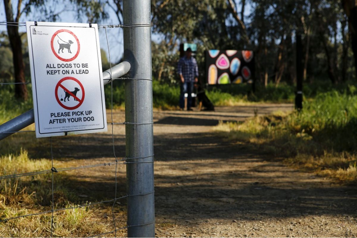 Sign next to gate to Marrambidya Wetland telling people to keep dogs on a leash