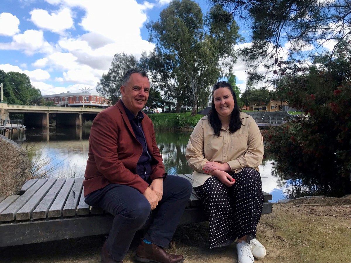 Man and woman sitting on bench next to Wollundry Lagoon.