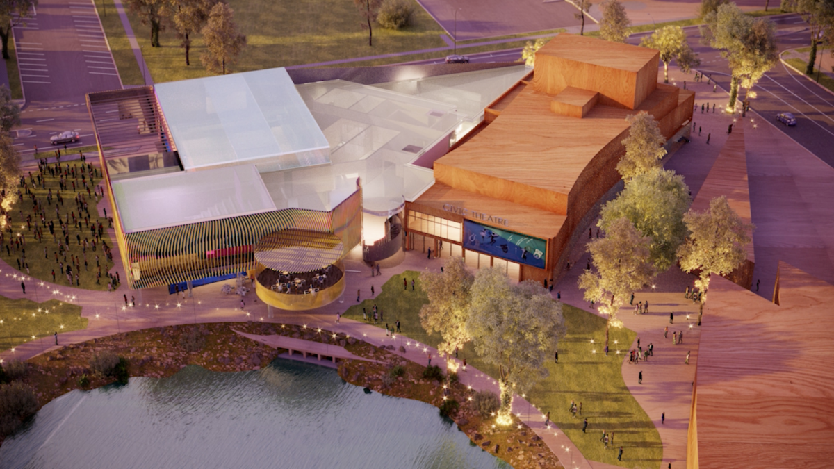 Concept image for Civic Theatre expansion showing an additional building on the left side of the original theatre (front on), both buildings facing out towards the Wollundry Lagoon. 