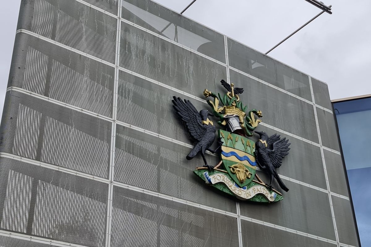 Wagga Wagga coat of arms on Civic Centre forecourt.