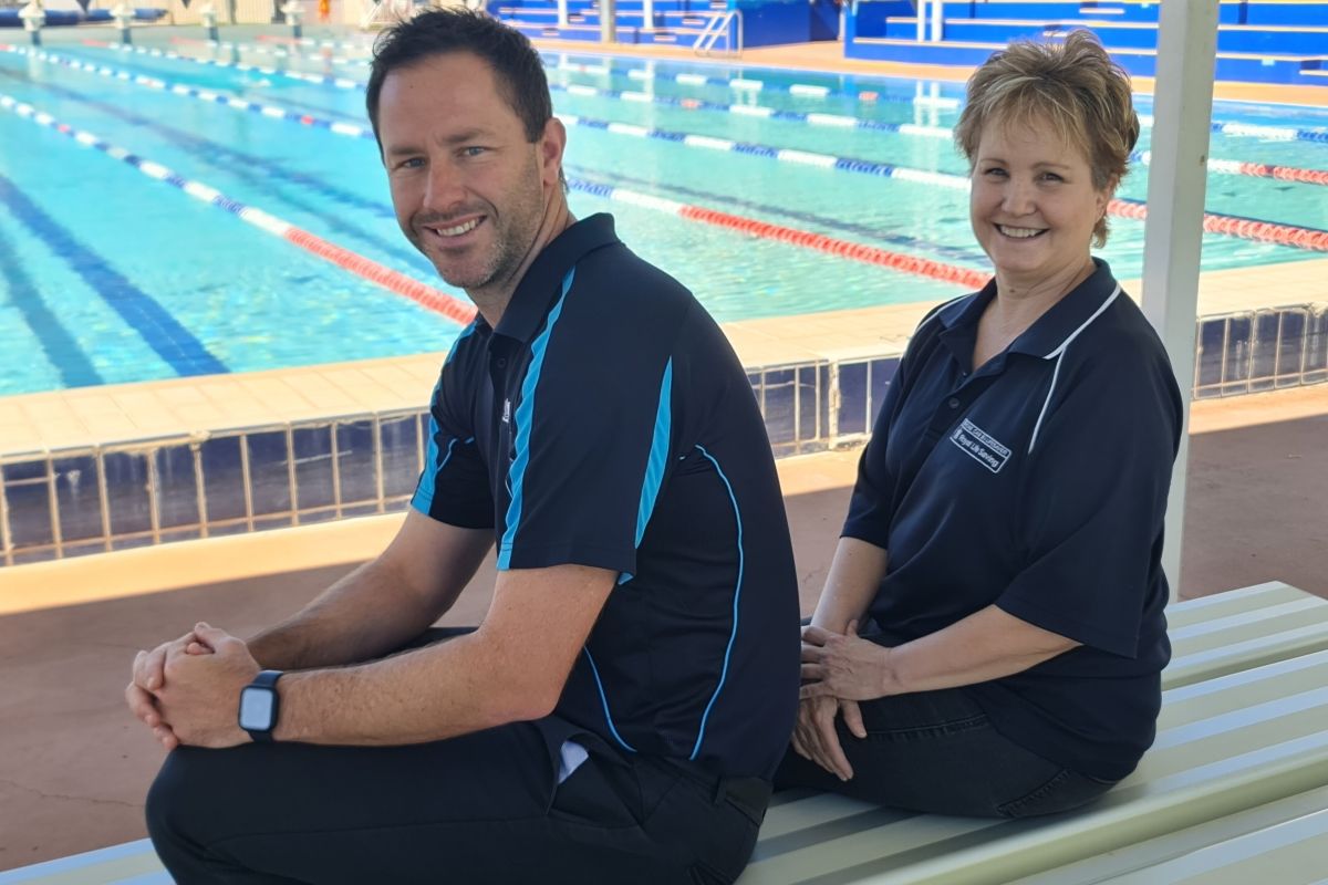 Council’s Manager Oasis Regional Aquatic Centre Marc Geppert and Royal Life Saving NSW Riverina Manager Verity Smith  at Oasis for launch of 2025 Outback Lifesavers