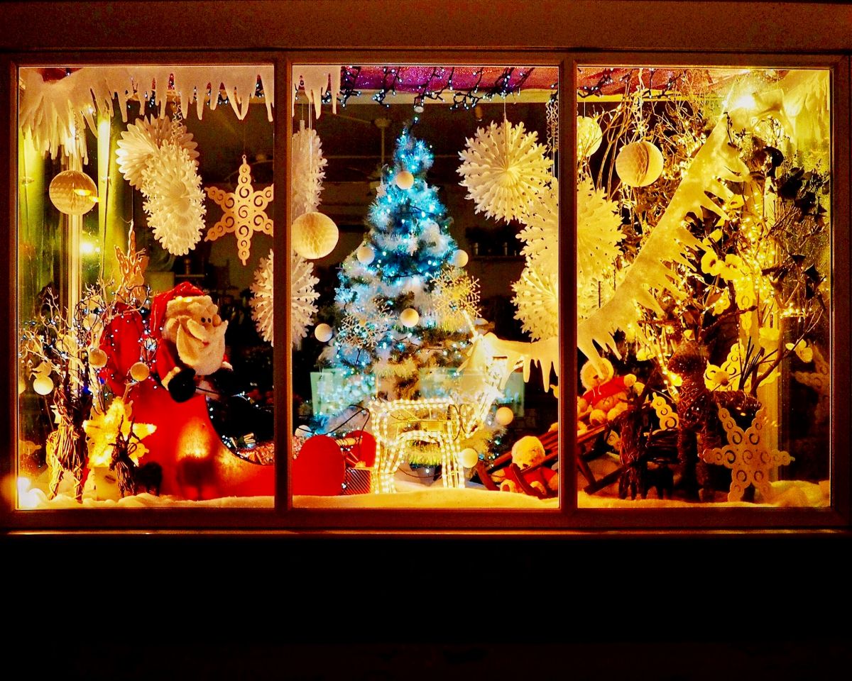 Shop window showing Christmas decorations