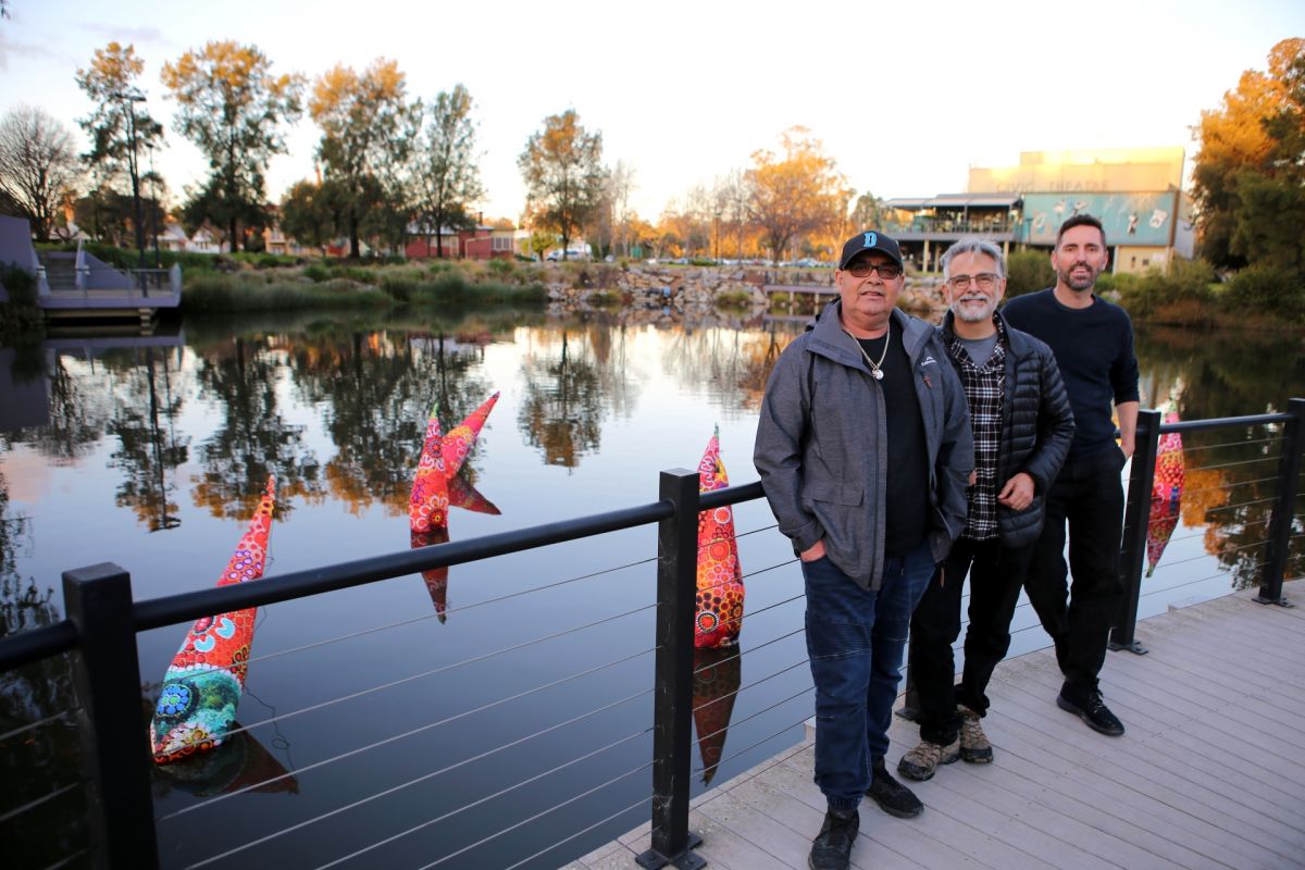  local Wiradjuri artist Owen Lyons,  Maurice Goldberg and Matthew Aberline from Goldberg Aberline Studio with their floating creation ‘Lagoon’