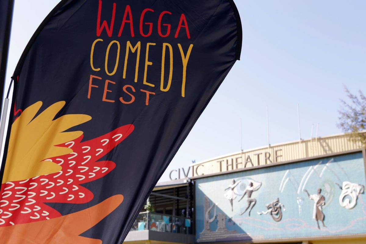 Comedy Fest banner in foreground with Civic Theatre in background