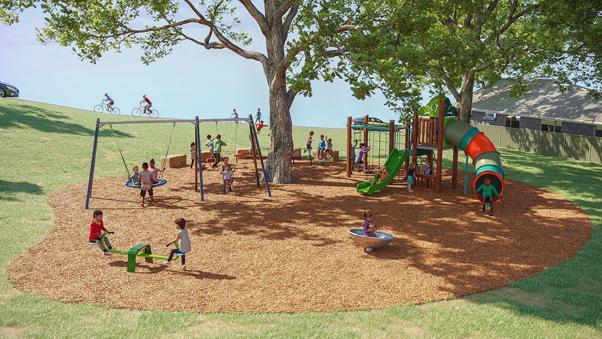 Playground design option concept graphic with playground equipment and people