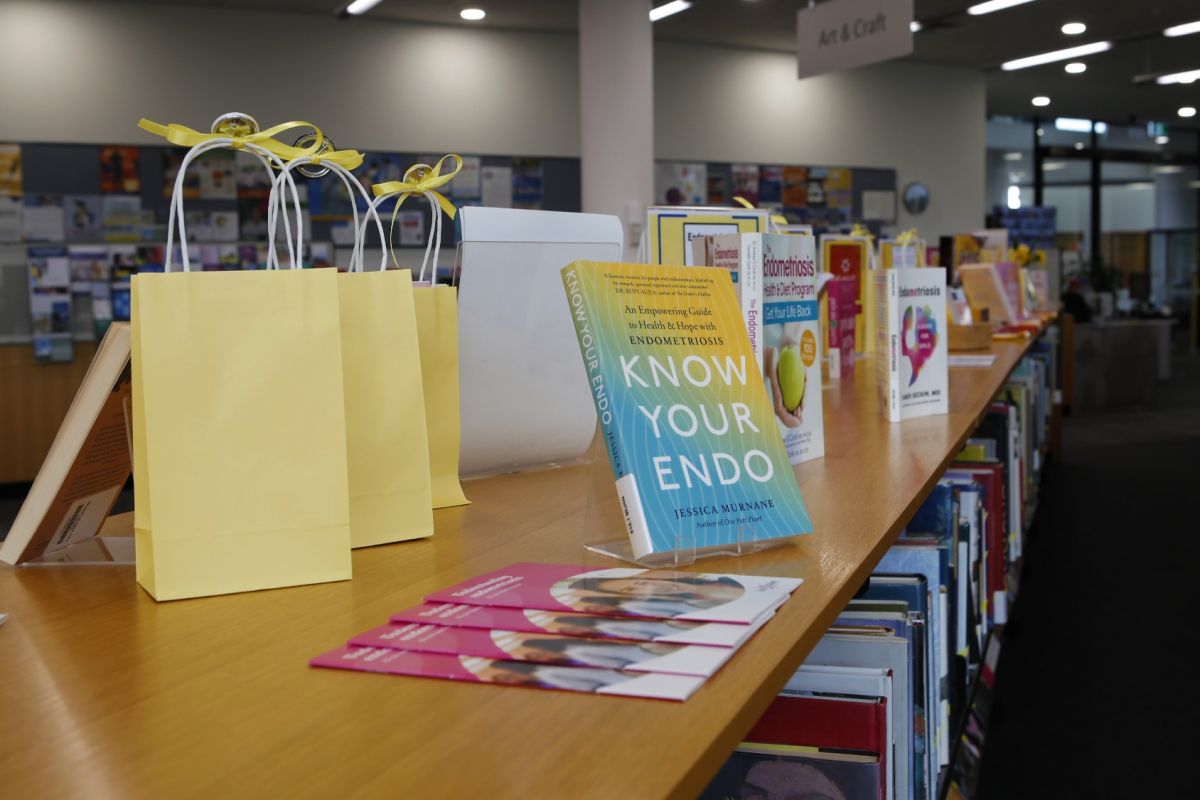 A display of endometriosis related books, pamphlets and other items
