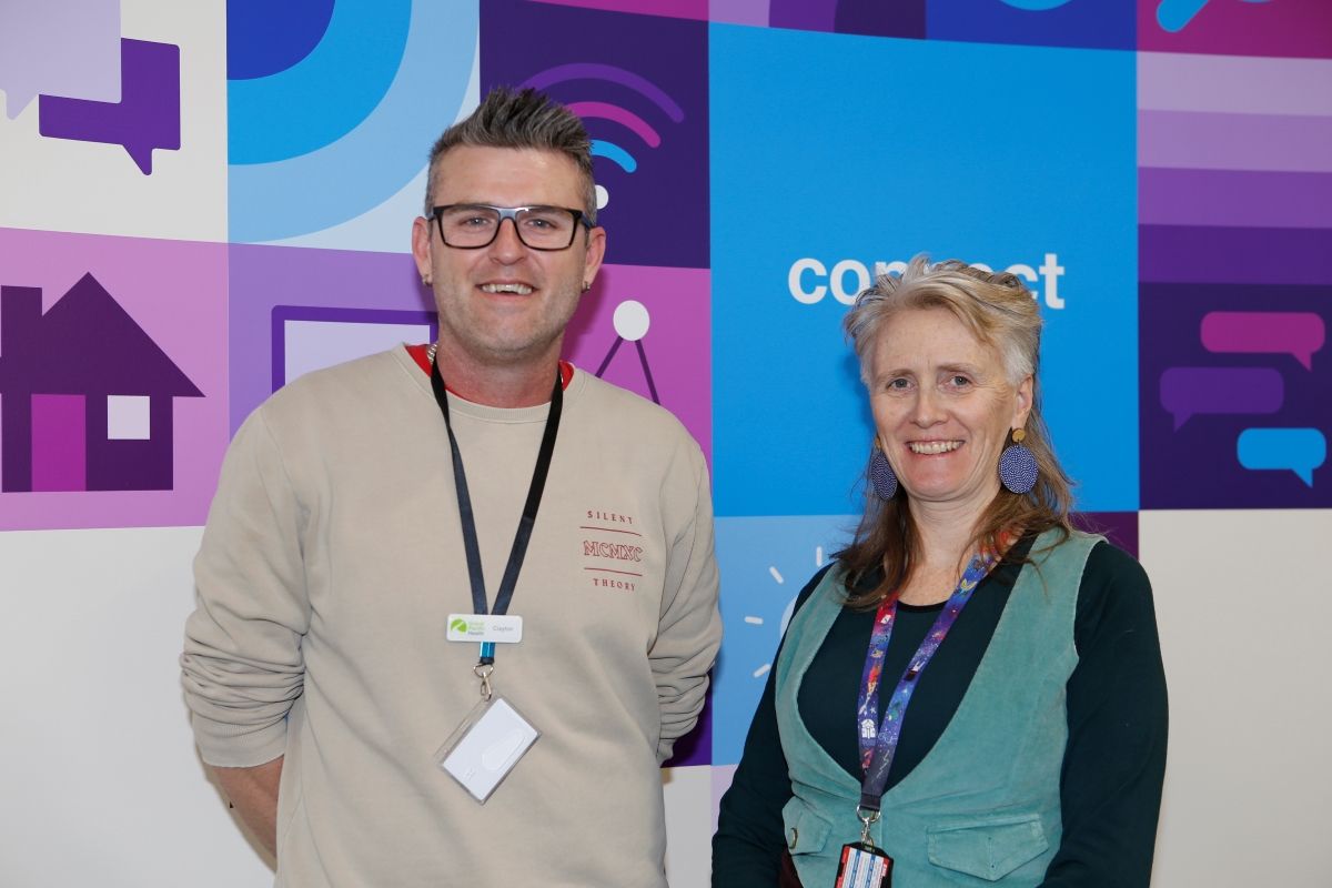 Grand Pacific Health's Clatyton Leese with WW City Library's Multicultural Services Officer Maryanne Gray in library.