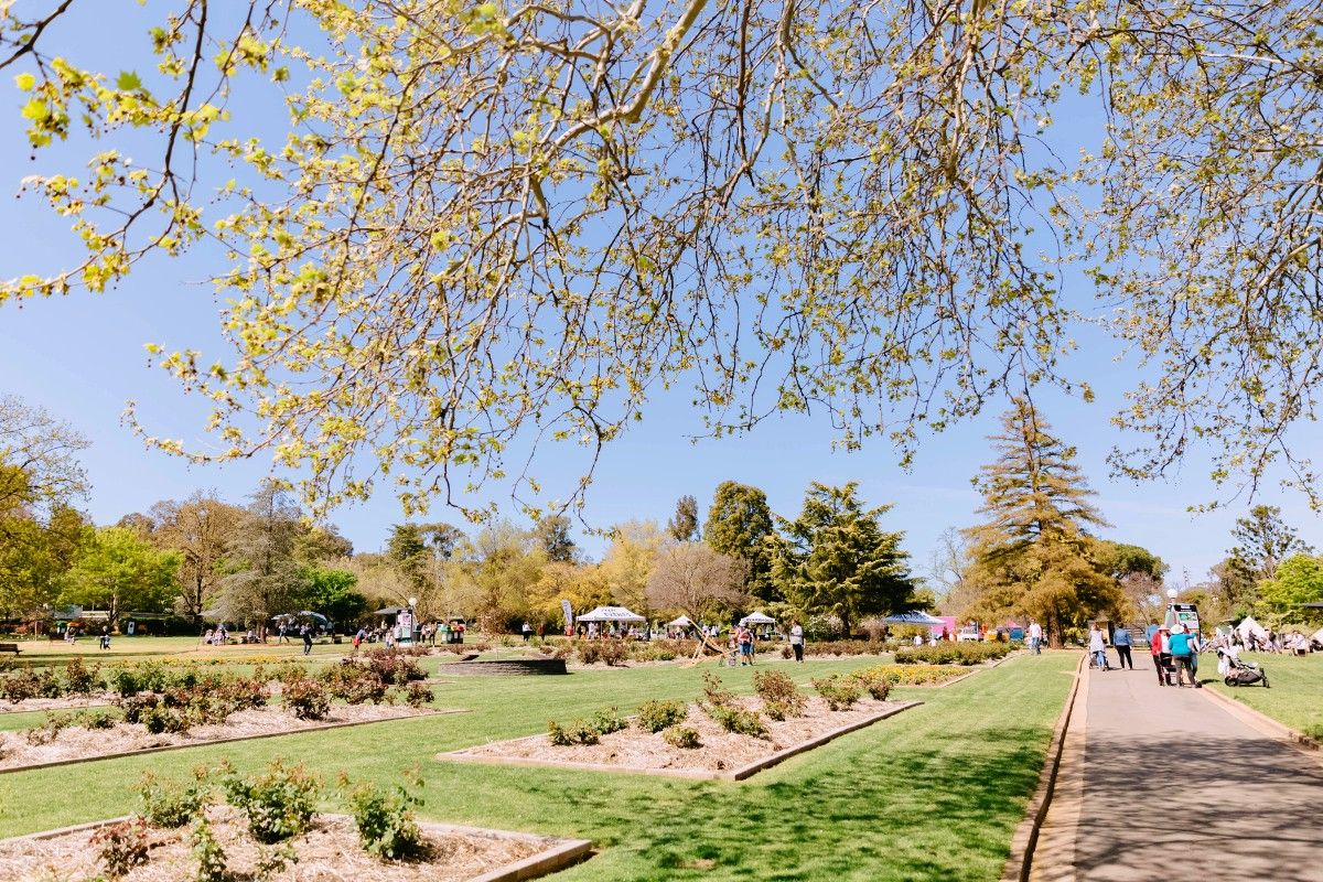 People walking along paths on grass, with marquees in the background in the public gardens