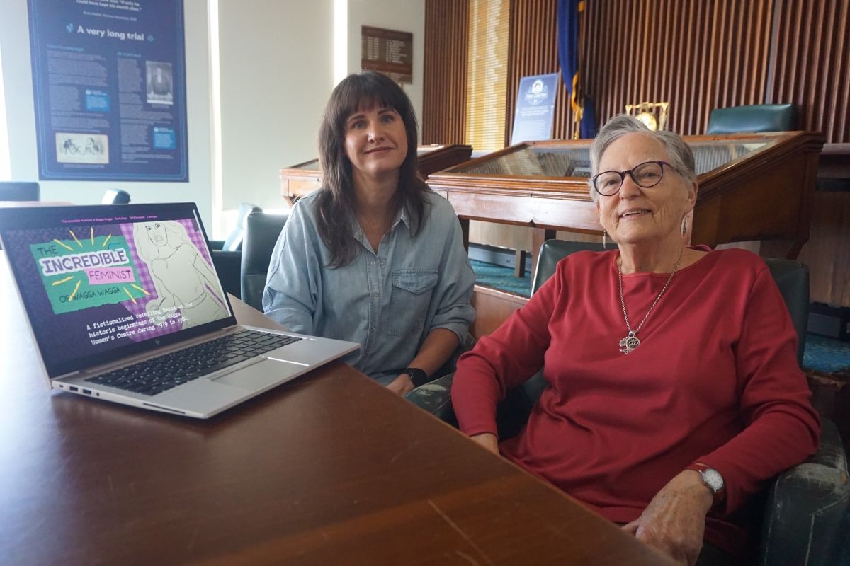 Curator Sophie Magnusson and Jan Roberts, founding member of the WWWHC, inside old council chamber for launch of The Incredible Feminist of Wagga Wagga