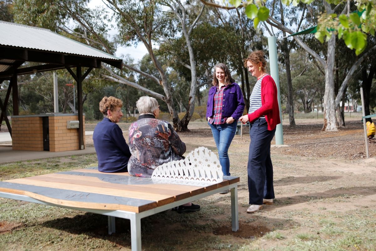 Four women sitting and standing around a bench.