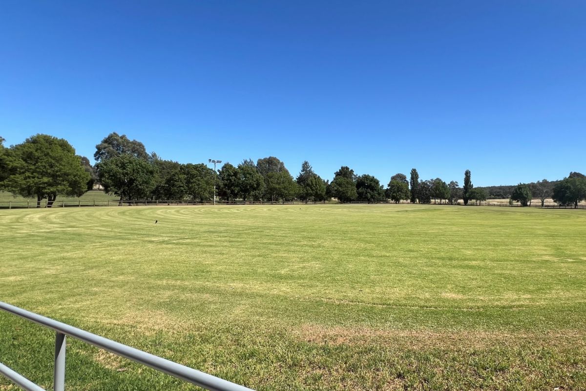 A sports oval with green grass, surrounded by metal fencing and trees, with a lighting tower in the background.