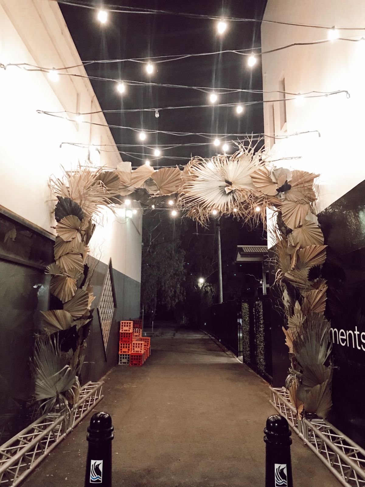 Laneway at night with overhead lights and decorations